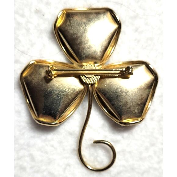 Vtg Shamrock 3" Brooch Wood Clover Goldtone Lucky Pin Rustic St Patrick 70s 80s - Picture 4 of 4